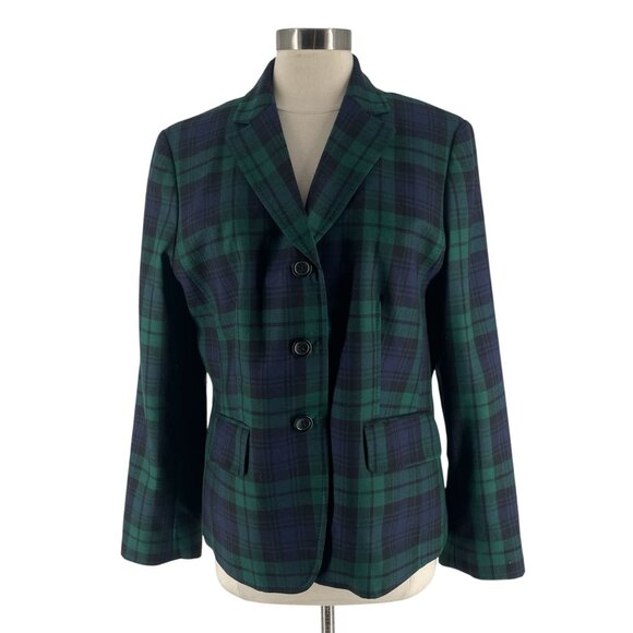 Lands' End Black Watch Green Tartan Plaid Women's Wool Single Breasted Blazer L - Picture 1 of 11